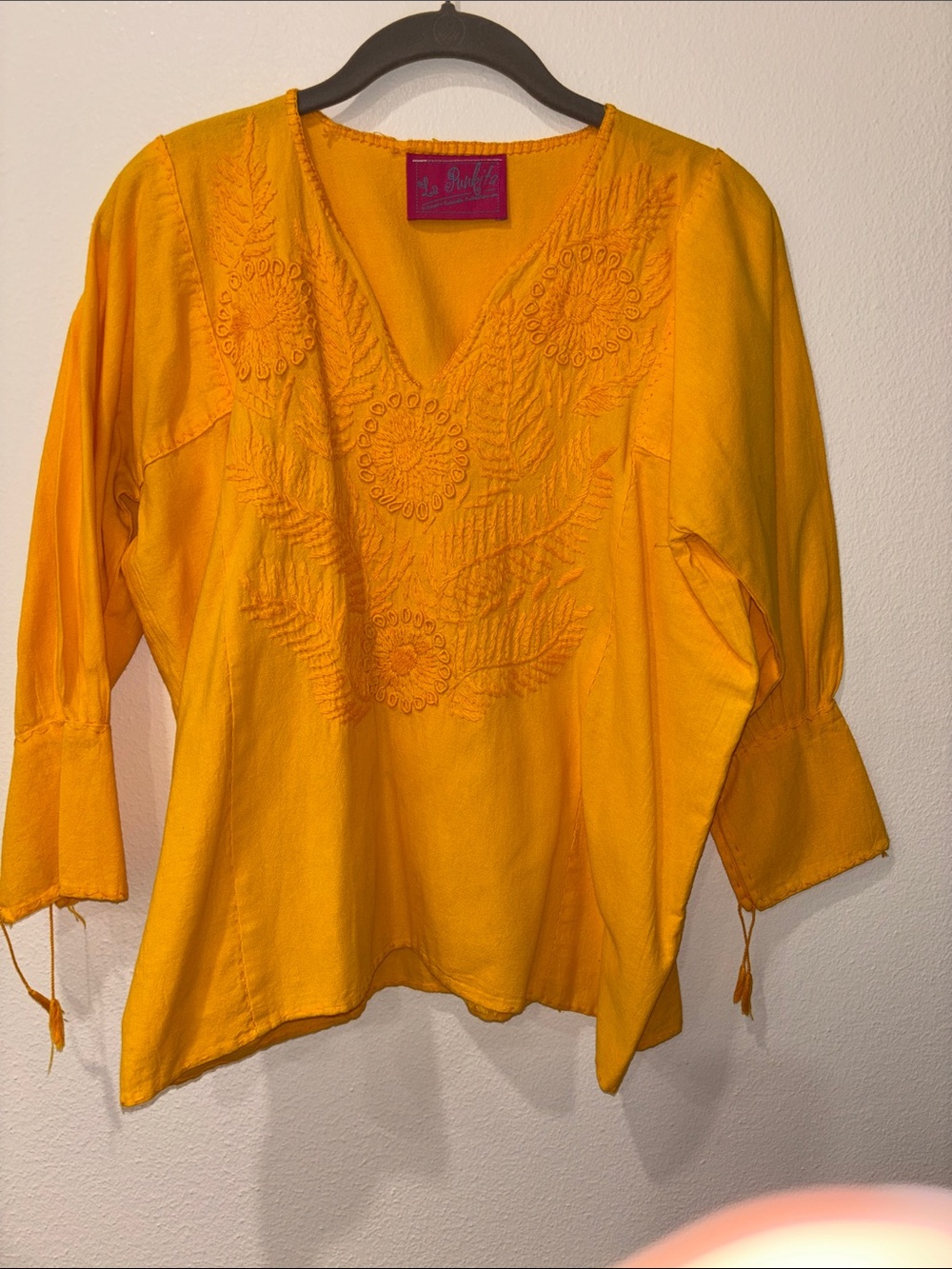 Mexican peasant blouse Embroidered V-Neck Women’s Top - Golden Yellow size XS
